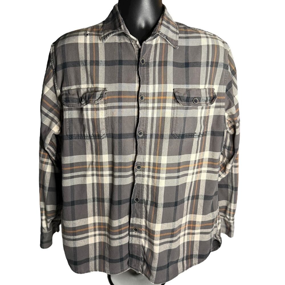 JACHS Men’s Button Front Plaid Flannel Gray Tan Shirt Size Large 100% Cotton
